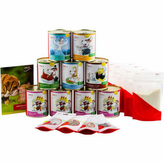 Hundefutter-Kennenlern-Paket mit verschiedenen 810g Hundegerichten für die gesunde Ernährung von Hunden zum ausprobieren.
