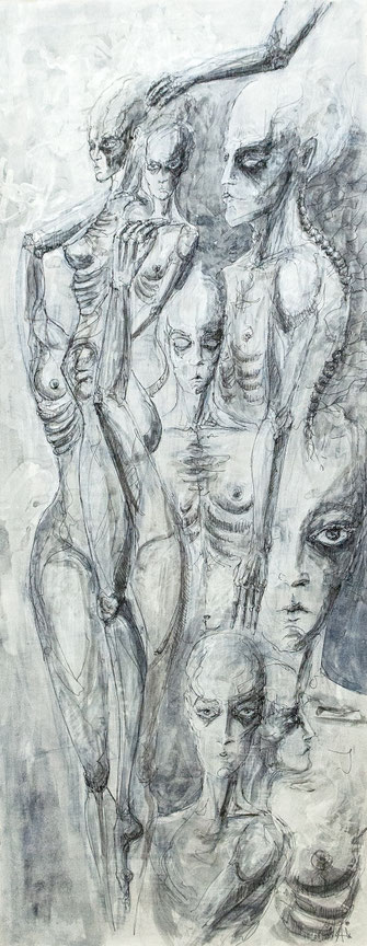 faces 360x909mm / fineliner and acrylic colour on paper