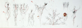 position sketches 910x315mm / fineliner,beetroot and watercolour on paper