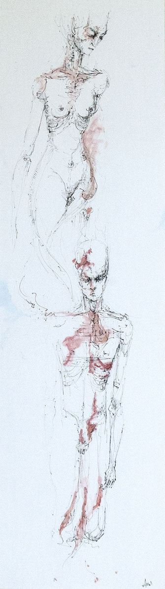 connection 70x198mm / fineliner,watercolor and beetroot  on paper