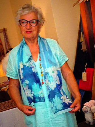 Silk timeless scarf, elegant and combinable accessory. Styled with plain watercolor dress.