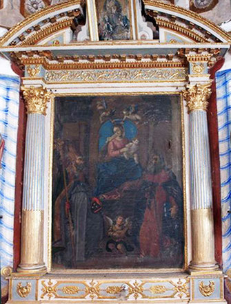 Tomino - Dans ce beau retable du choeur on voit Saint Nicolas et Saint Antoine abbé aux pieds de la Vierge à l'Enfant avec un ange musicien- peut-être Giacomo Grandi- XVIIè s. (cliché MH)