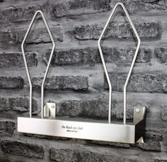 Stainless Steel Boxing Glove Wall Stand with Engraving Attached to a Brick Wall