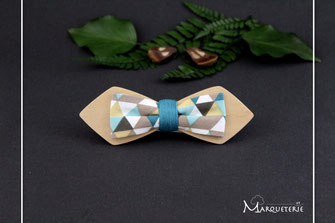 Noeud pap en bois, noeud papillon coloré, noeud papillon motifs triangles, noeud papillon bleu moutarde gris