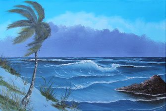 Gemälde Karibik, Strand mit Palme im Sturm, Hurrican, Tornado, Ölgemälde