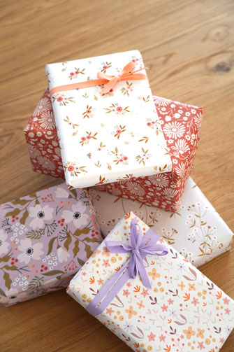 Geschenkpapier von Lotta Langrock – Blätter und Blüten in Rot und Blau