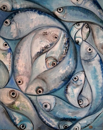 peinture poissons sur toile