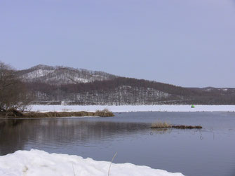 塘路湖、氷上にテント張ってワカサギ釣りしている