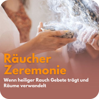 Person hält eine Schale mit glimmenden Kräutern, aus der Rauch aufsteigt, während eine andere Person mit einem Räucherbündel fächelt – Hinweis auf eine Räucherzeremonie