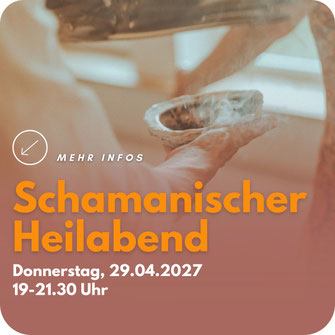 Schamanische Räucherzeremonie mit Federfächer und Räucherschale. Text: Schamanischer Heilabend, Donnerstag, 29.04.2027