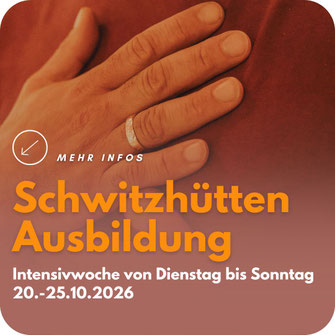 Plakat ‚Schwitzhütten Ausbildung‘ mit Händen auf Brust, rotes T-Shirt, Termin 20.–25.10.2026 mit Cüneyt