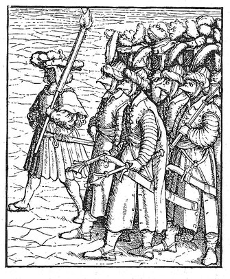 Fig. 6. Die Geschicktheit der mumerey und kurzweil (Maximilian leitet einen Mummenschanz). Weisskunig, Tafel 30. (Verkleinertes Bruchstück.)