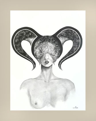 Realistic graphite drawing: woman, portrait, Amazone, Hörner, Helm, horns, nude art, breast, nipples, Busen, Brust, Aktbild