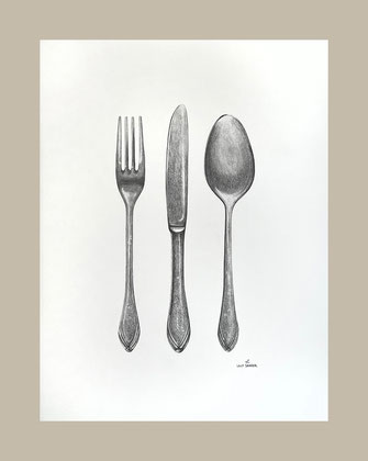 Realistic graphite drawing: Besteck, Messer, Gabel, Löffel, cuttlery, silverware, knife, spoon, fork