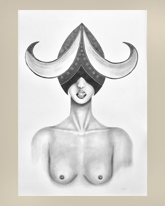 Realistic graphite drawing: woman, portrait, Amazone, Hörner, Helm, horns, nude art, breast, nipples, Busen, Brust, Aktbild, Lips, Lippen, Zunge, tongue