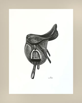 Realistic graphite drawing: Reitsattel, riding saddle, horse tack, Sattel, equestrian gear