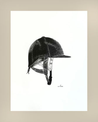 Realistic graphite drawing: Reithelm, riding helmet, equestrian gear