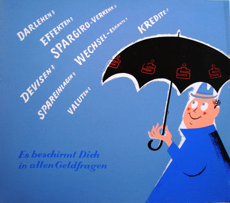 Schuldenregen. Plakat der Sparkasse um 1956. Werbung mit Humor von Heinz Traimer.