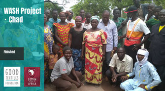 A group of people in Africa who benefit from the GoodTextiles Foundation's Wash Project in cooperation with Cotton Made in Africa