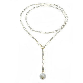 'ver-goldete'-Y-Ketten, modische lange Halskette, Lassokette mit Perle aus 925 Silber gelbgold vergodet