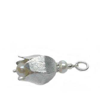 Kettenanhänger, Anhänger Schmuck, Silber Blütenanhänger für Kette, Silberblüte mit Perle weiß