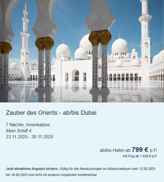 Mein Schiff ab Doha inklusive mit Flug | Mein Schiff Premium all inclusive ab Dubai mit Flug 2025-2026 bei Reiselotsen buchen 