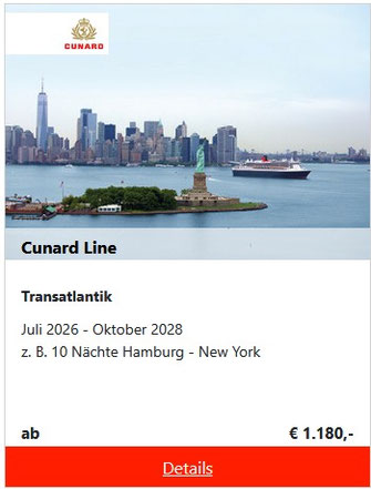 Cunard Transatlantik Überquerung mit Queen Mary ab New York oder ab Hamburg - auch mit Flug bei Reiselotsen buchbar