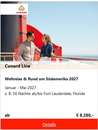 Cunard Weltreisen & Kreuzfahrt Rund um Südamerika 2027 vom Reisebüro Reiselotsen Hamburg
