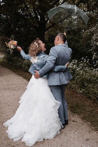 denim jacket with flowers and text for bride