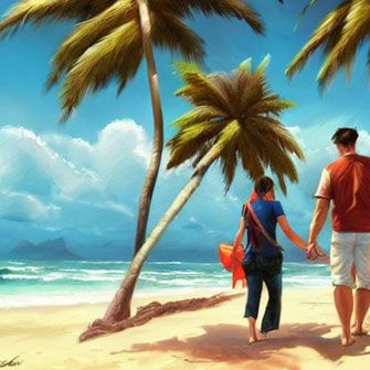 Ein Mann und eine Frau gehen Hand in Hand an einem Palmenstrand entlang.