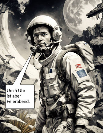 Ein Science-Fiction-Held im Weltall macht Feierabend.