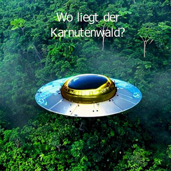 Ein fantastisches Ufo mit Goldrand kreist über einem Waldgebiet. Gesucht wird der Karnutenwald.