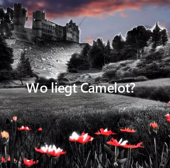 Blumen in einer lieblichen schwarz-weiß Landschaft rund um das Schloss Camelot