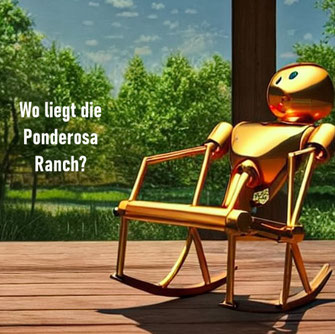 Ein goldener KI Roboter im Schaukelstuhl auf der Veranda der Ponderosa Ranch.