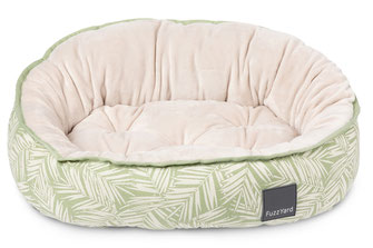 Hundebett rund oval pluesch Palmenmuster gruen Wendebett