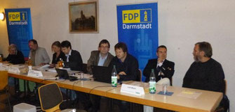Das Podium: (vlnr) Till Lufft, Rolf Strojec, Birgit Ungar, Christop v. Eisenhart Rothe, Moderatoren Andreas May und Martin Kürschner, Leif Blum, Burkhard Walger