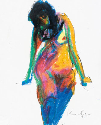 Alfred Kornberger, "Bunter stehender Akt mit blauen Strümpfen", Ölkreide auf Papier, 26 x 21 cm