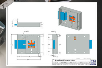 Technische Zeichnung des Funktionsmodells eines historischen Kastenschlosses. Zu sehen sind ein Gesamtansicht sowie Anschichten von vorne, oben, links, rechts. Mit Bemaßungen.