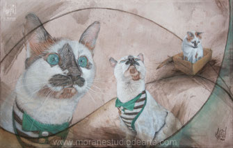 Retrato de mascotas pintado a mano, historia de gato siames al óleo sobre papel por Morán Estudio de Arte CDMX