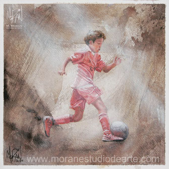 Retrato personalizado de niño jugando fútbol con uniforme rojo, pintado a mano por Morán Estudio de Arte CDMX