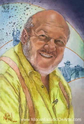 Retrato colorido pintado a mano de hombre sonriendo con fondo vibrante, arte personalizado por Morán Estudio de Arte CDMX