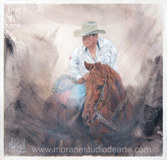 Retrato pintado a mano de jinete a caballo en cabalgata estilo expresivo, óleo sobre papel por artista profesional Mauricio Moran, CDMX