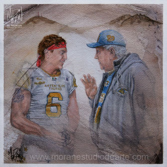 Retrato pintado a mano de jugador de fútbol americano con su entrenador, regalo deportivo personalizado por Morán Estudio de Arte
