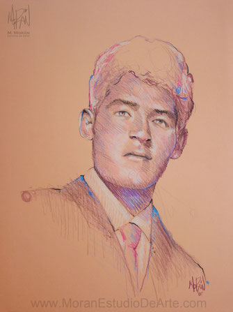 Retrato a lápices de colores Prismacolor de hombre sobre cartulina Novart, dibujo personalizado por Morán Estudio de Arte CDMX