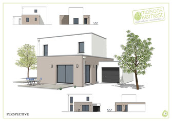 maison moderne à étage avec toit terrasse et enduit bicolore marron clair et blanc
