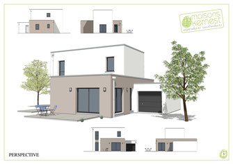 maison moderne à étage avec toit terrasse et enduit bicolore blanc et marron clair
