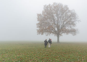 Familienfoto draußen im Nebel