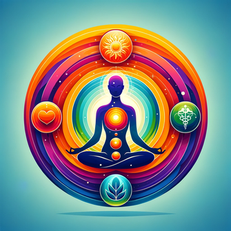 Ein kreisförmiges, lebendiges Bild, das ganzheitliche Gesundheit symbolisiert. Es zeigt eine menschliche Silhouette in meditativer Haltung innerhalb einer Kugel, umgeben von Elementen, die Geist, Körper, Seele und Verstand in harmonischem Gleichgewicht da
