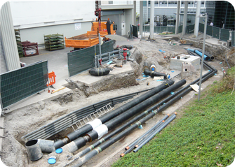 Infrastrukturversorgung (Trink- und Löschwasser, Fernwärme, Erdgas), erdverlegt und in Medienkanälen