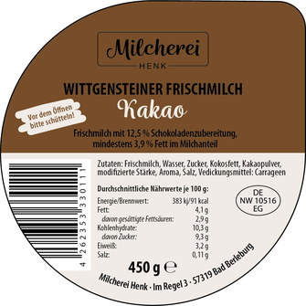 Wittgensteiner Frischmilch Kakao von der Milcherei Henk aus Bad Berleburg Arfeld